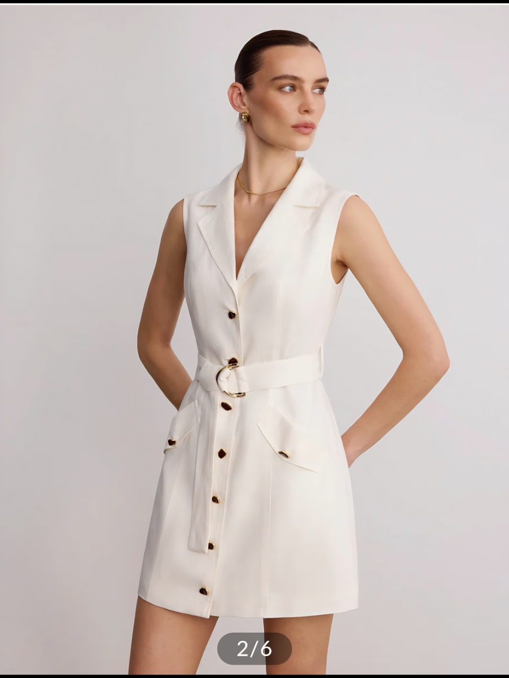 Blazer Collar Sleeveless Belted Linen Mini Dress - Picture 2 of 5